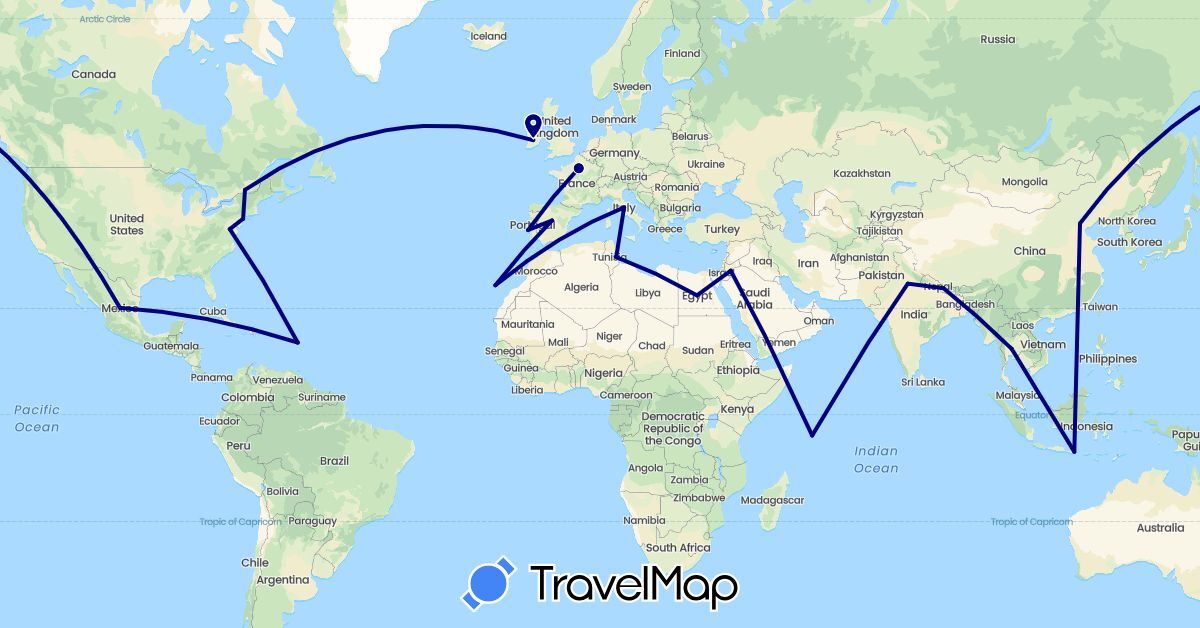 TravelMap itinerary: driving in Canada, China, Egypt, Spain, France, Indonesia, Ireland, India, Italy, Jordan, Mexico, Nepal, Portugal, Seychelles, Thailand, Tunisia, United States (Africa, Asia, Europe, North America)